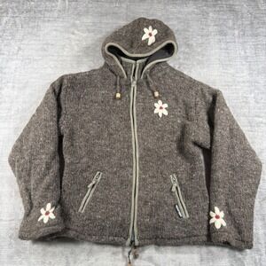 Laundromat Jacket Women Large Brown Floral Wool Hoodie Fleece Lined Boho